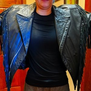 Vintage Women's Black Fringe Leather Jacket Small